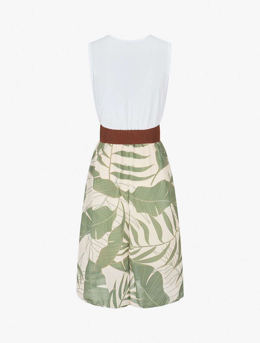 Robe élastiquée à jupe imprimé feuilles - Kaki - 2