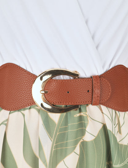 Robe élastiquée à jupe imprimé feuilles - Kaki - 3