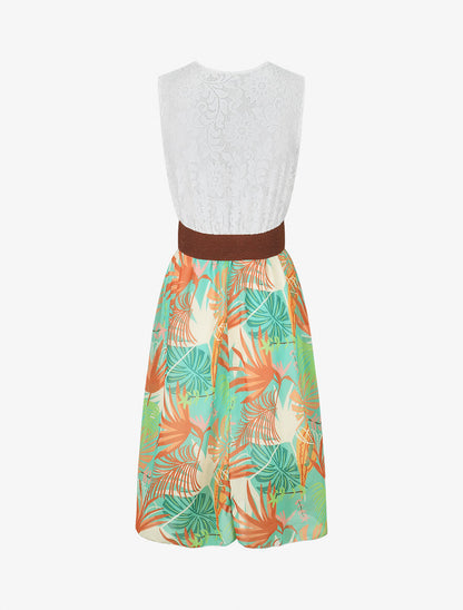 Robe élastiquée à jupe imprimé feuillage - Vert d&