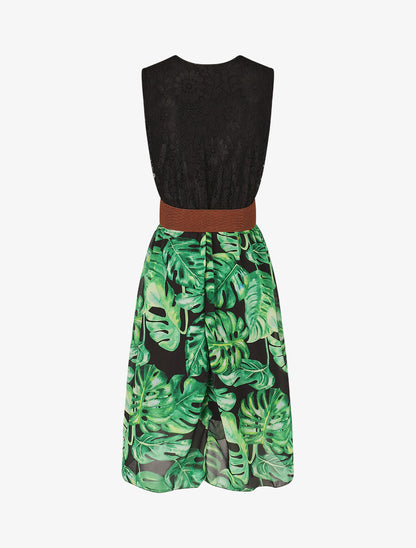 Robe élastiquée à jupe imprimé tropical - Noir - 2