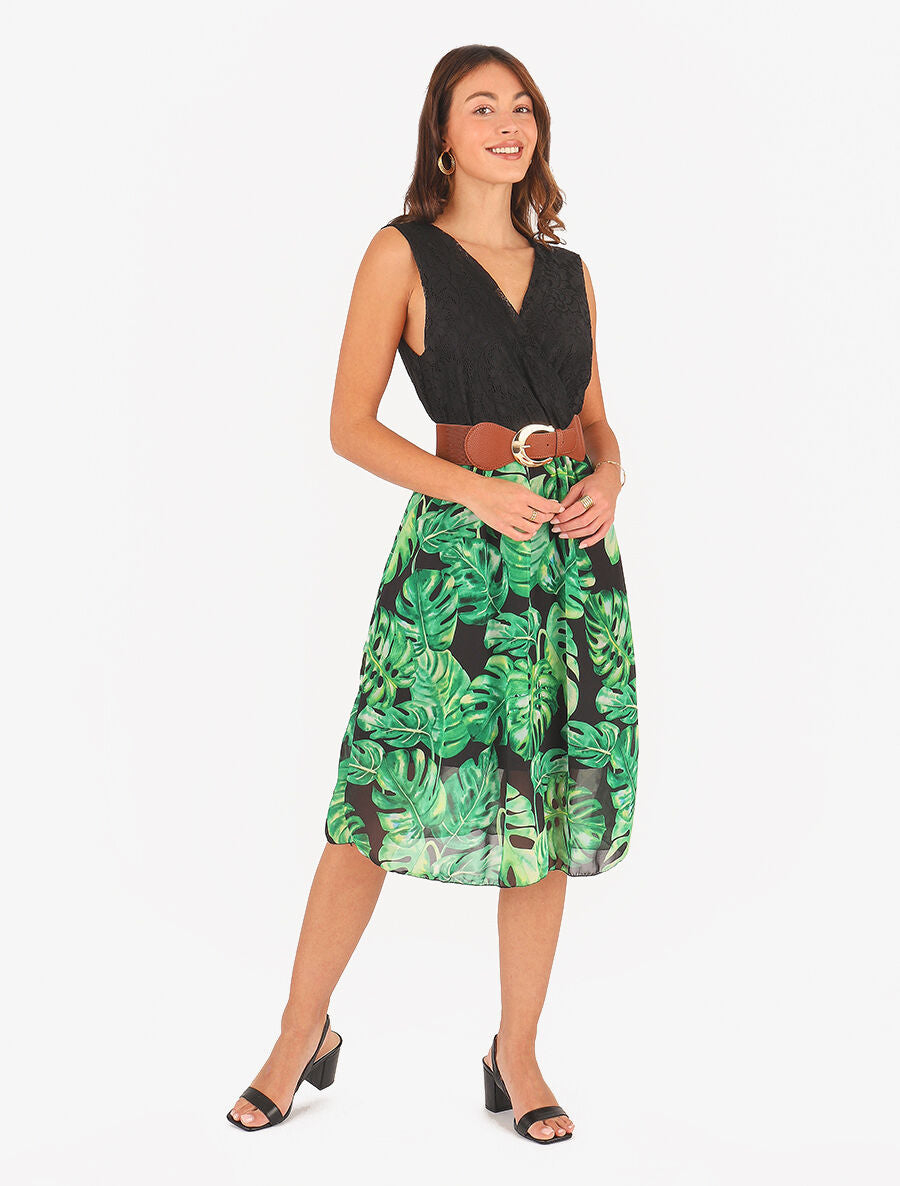 Robe élastiquée à jupe imprimé tropical - Noir - 4