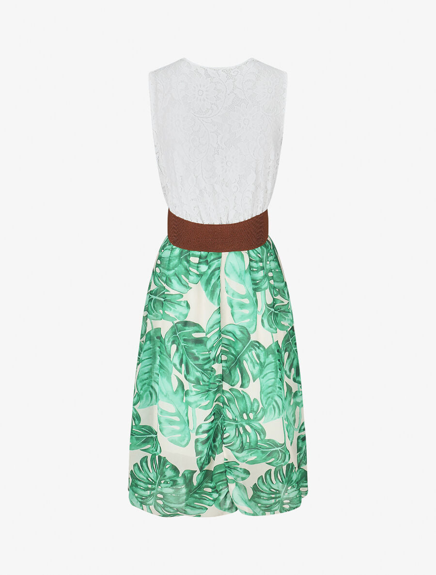 Robe élastiquée à jupe imprimé tropical - Beige - 2