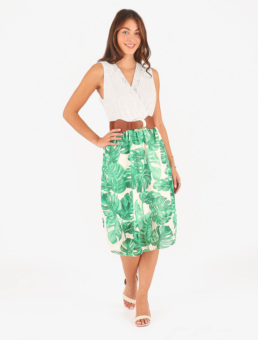 Robe élastiquée à jupe imprimé tropical - Beige - 4