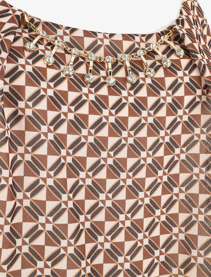 Top mosaïque en voile à bretelles et bijou - Camel - 3