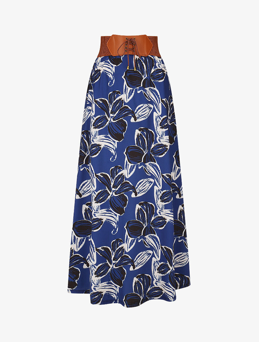 Jupe longue taille haute élastiquée imprimé grandes fleurs - Bleu foncé - 1