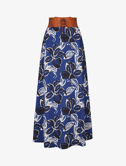Jupe longue taille haute élastiquée imprimé grandes fleurs - Bleu foncé - 1