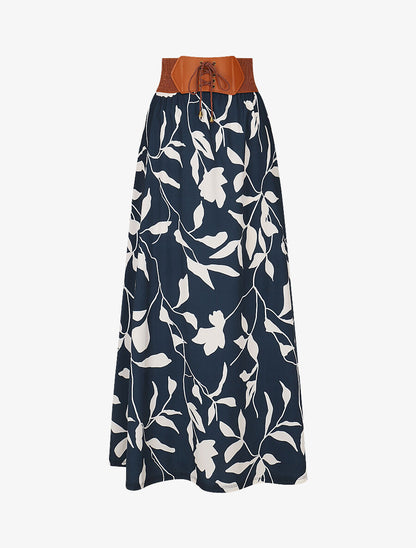 Jupe longue taille haute élastiquée imprimé fleurs abstraites - Marine - 7