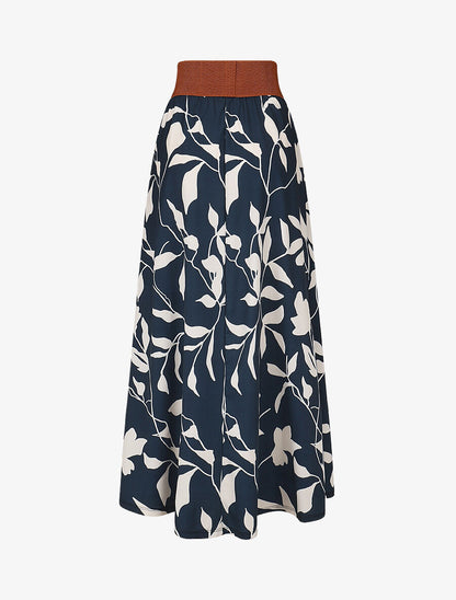 Jupe longue taille haute élastiquée imprimé fleurs abstraites - Marine - 2