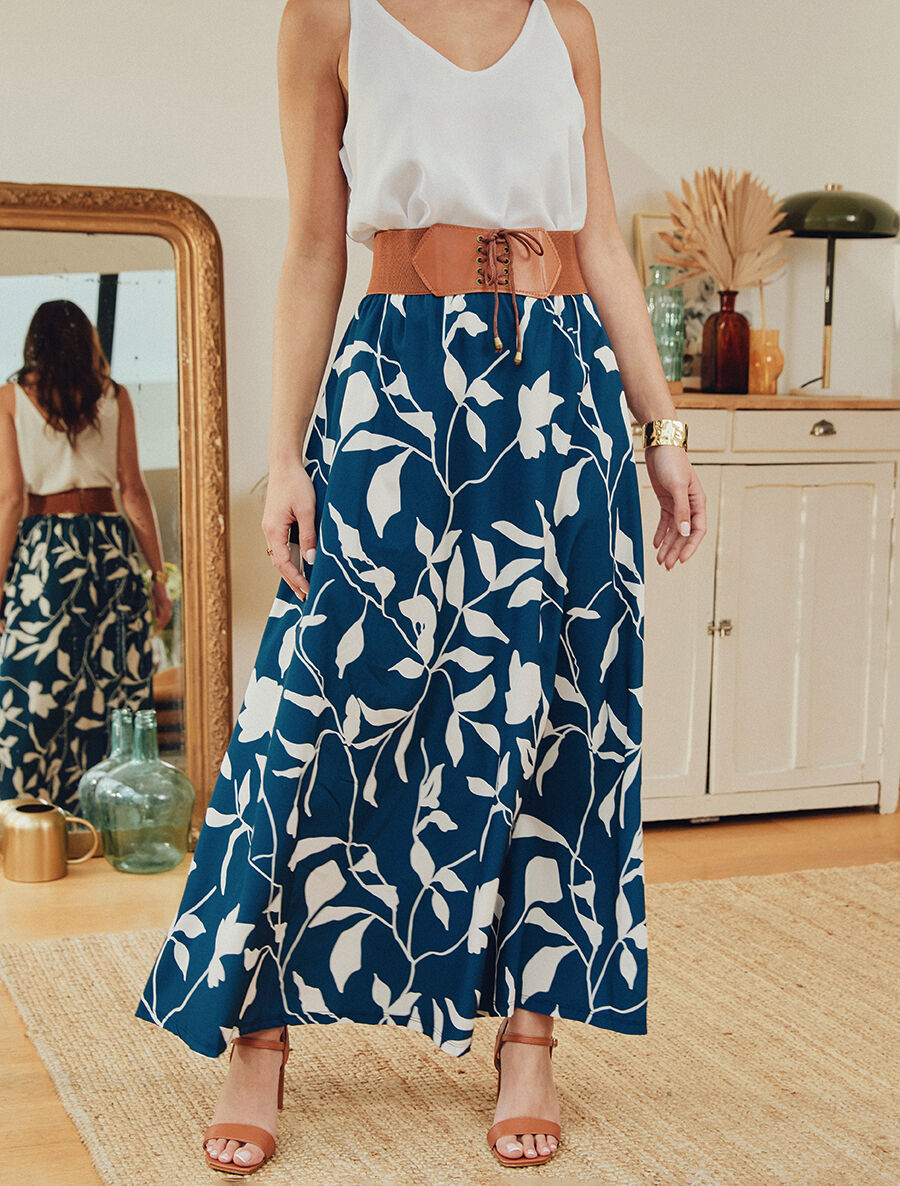 Jupe longue taille haute élastiquée imprimé fleurs abstraites - Marine - 5