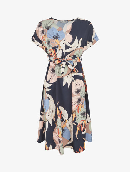 Robe élastiquée imprimé feuillage - Marine - 5