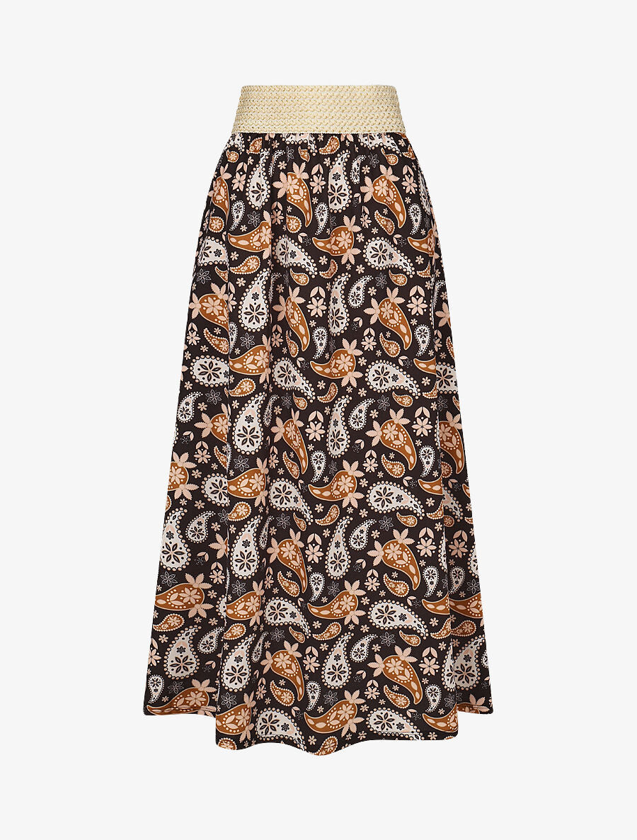 Jupe longue élastiquée imprimé foulard - Noir/camel - 4