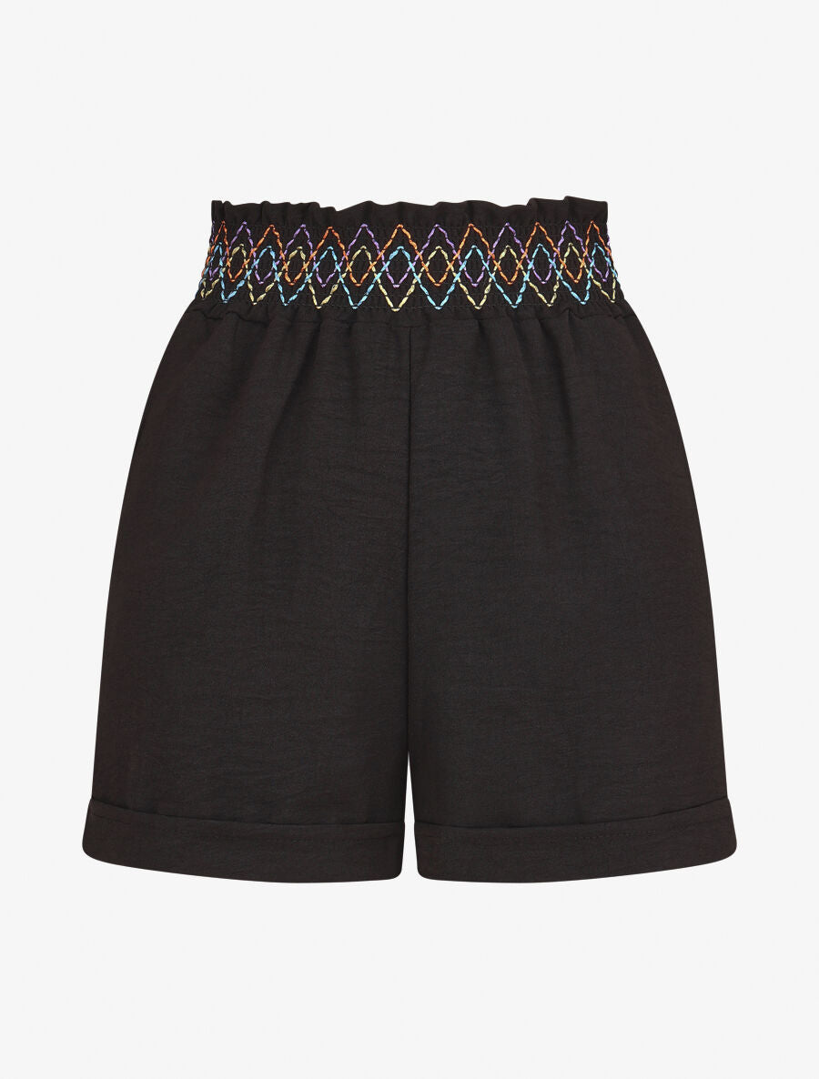 Short élastiqué uni à revers - Noir - 1