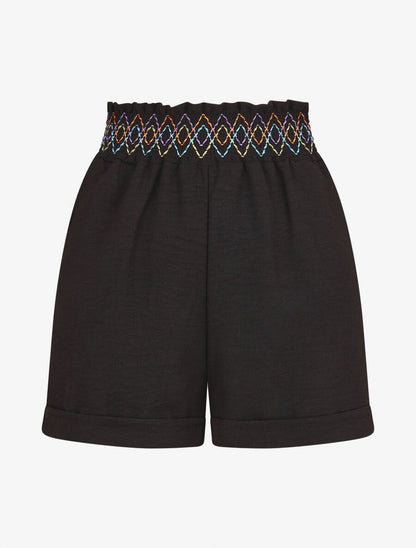 Short élastiqué uni à revers - Noir - 1