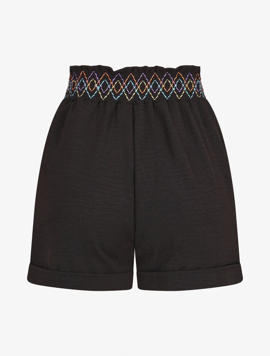 Short élastiqué uni à revers - Noir - 2
