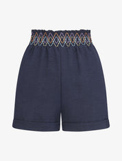 Short élastiqué uni à revers - Marine - 1