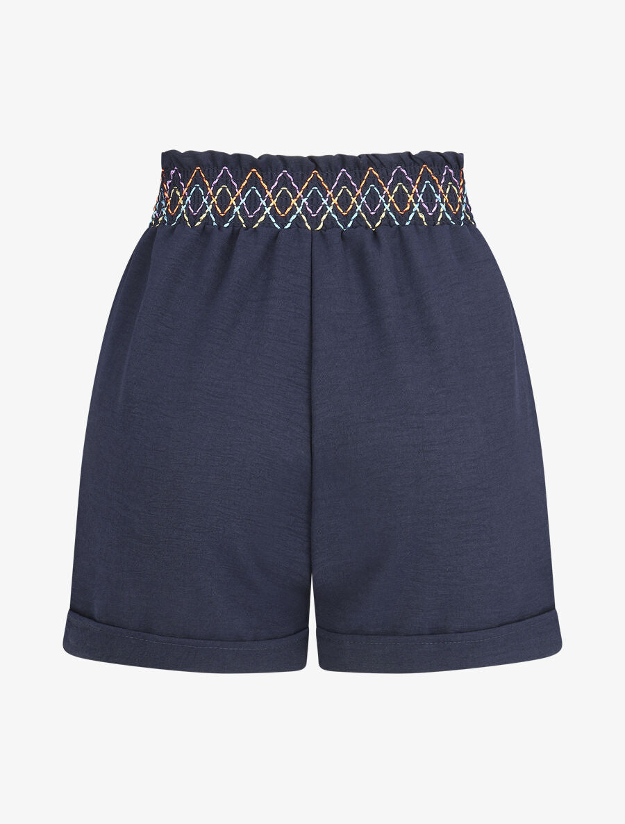 Short élastiqué uni à revers - Marine - 2