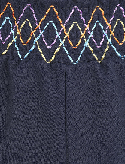 Short élastiqué uni à revers - Marine - 3