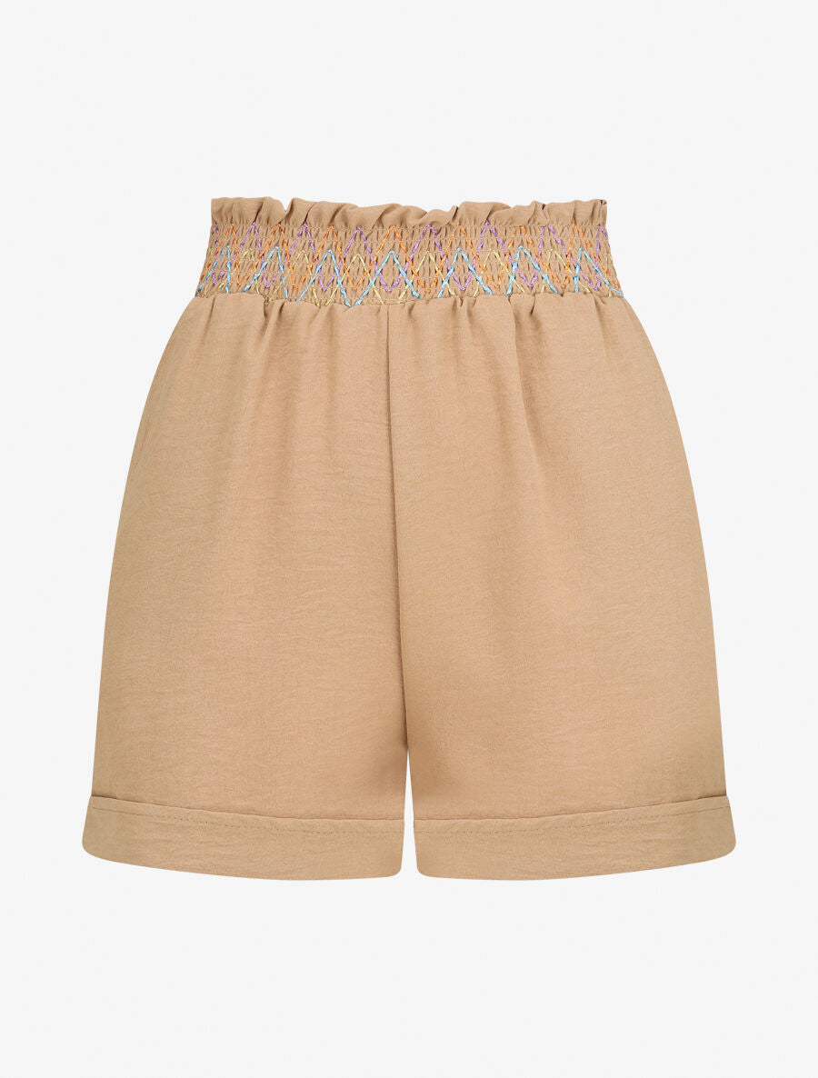 Short élastiqué uni à revers - Camel - 4