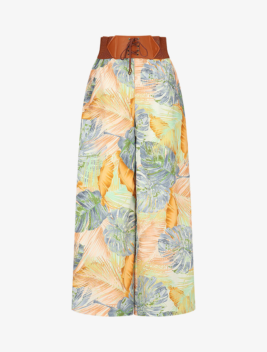 Pantalon imprimé tropical à taille haute - Jaune - 1