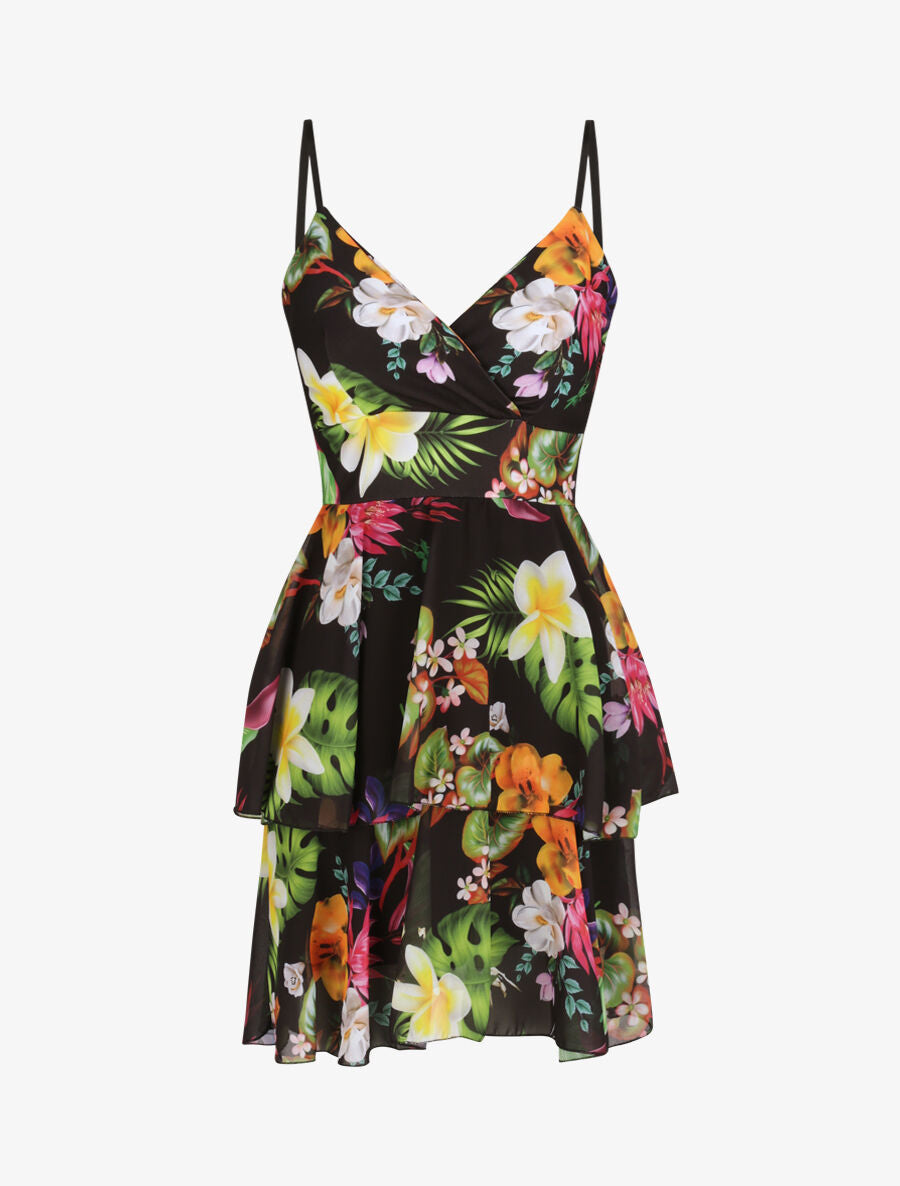 Robe patineuse courte à volants imprimé tropical - Noir - 4