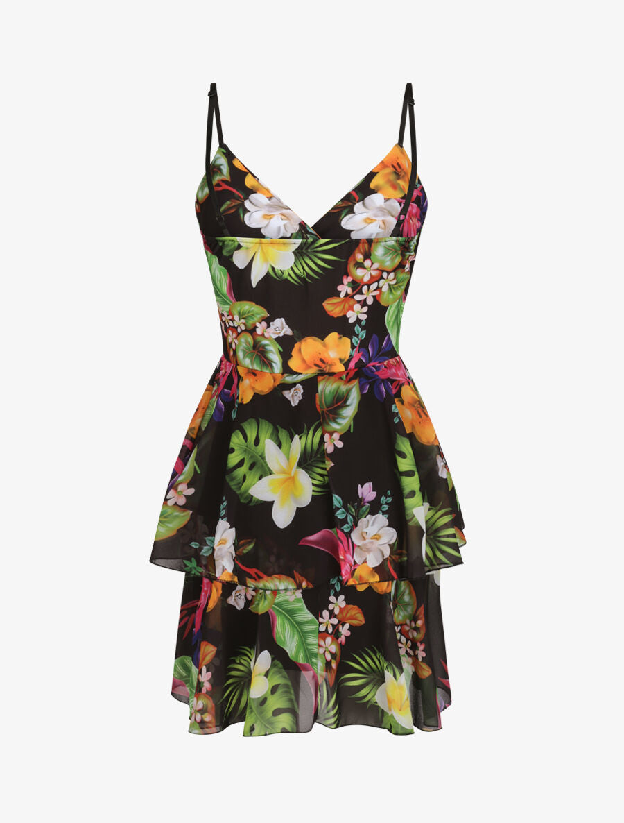 Robe patineuse courte à volants imprimé tropical - Noir - 2