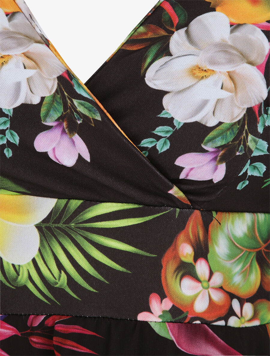 Robe patineuse courte à volants imprimé tropical - Noir - 3