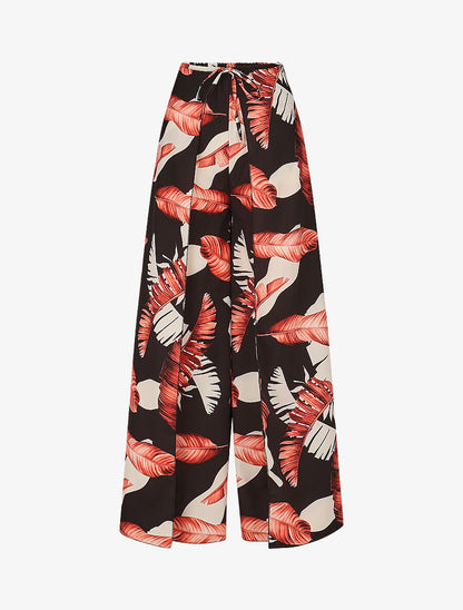 Pantalon à pans à nouer imprimé feuilles - Rouge/noir - 1