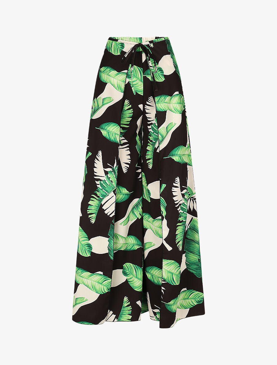 Pantalon à pans à nouer imprimé feuilles - Vert/noir - 4