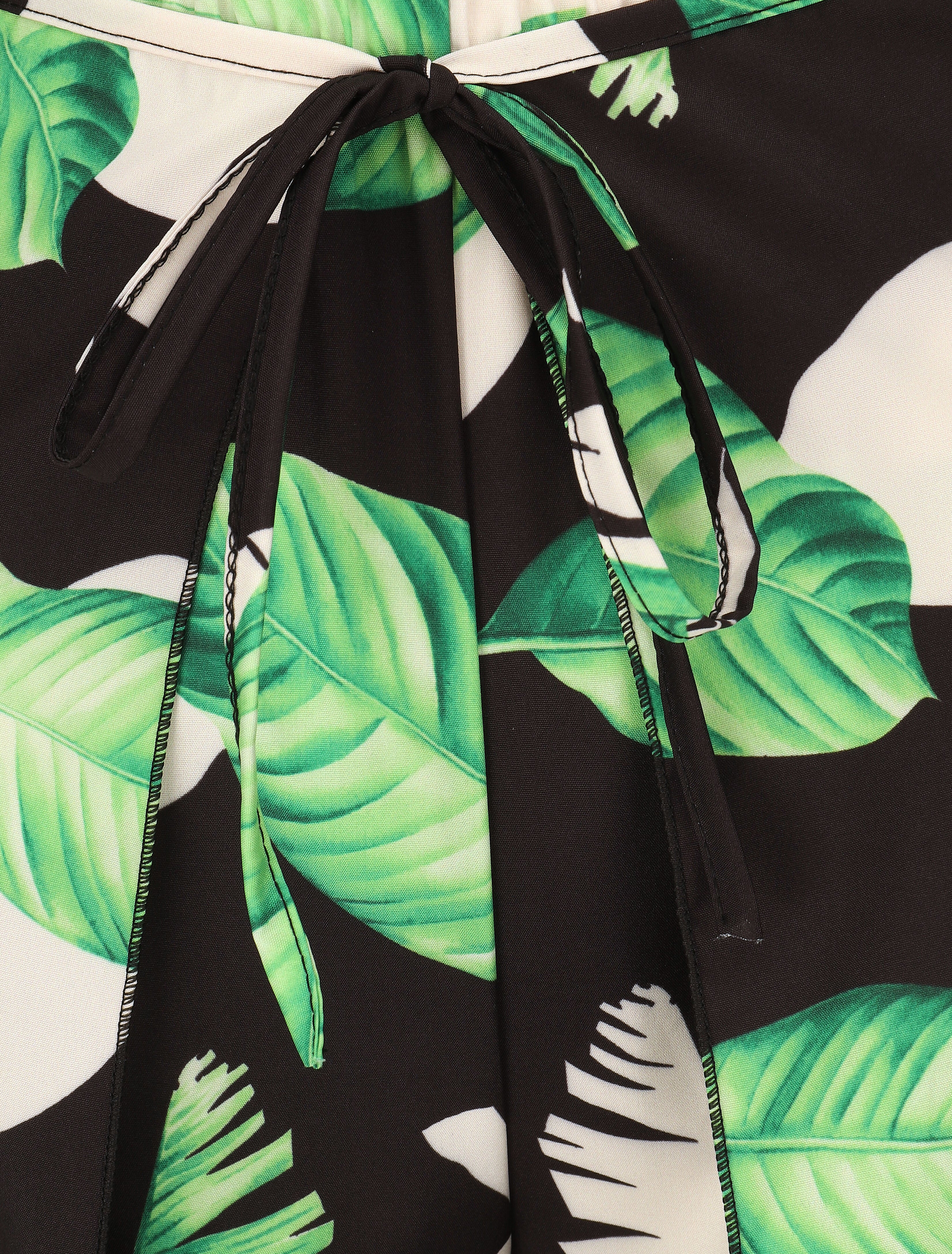 Pantalon à pans à nouer imprimé feuilles - Vert/noir - 3