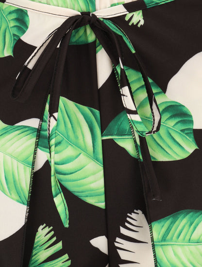 Pantalon à pans à nouer imprimé feuilles - Vert/noir - 3