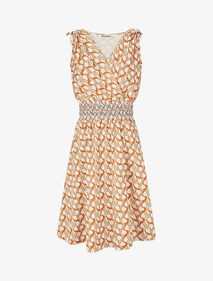 Robe à taille élastiquée imprimé rétro - Beige - 4