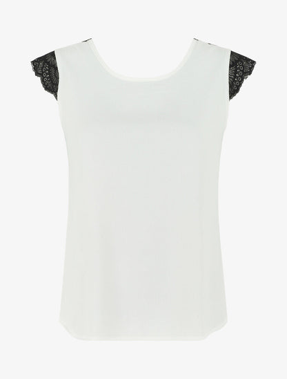Top uni à détail dentelle - Blanc - 1