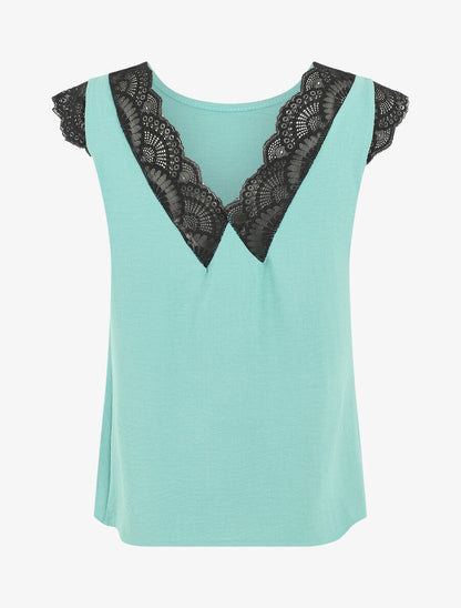 Top uni à détail dentelle - Vert d&