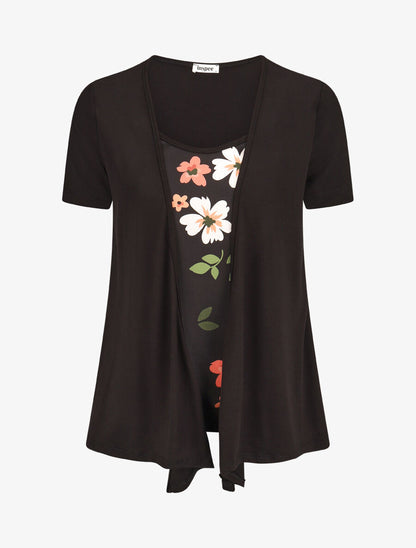 Top manches courtes style gilet ouvert imprimé fleuri - Noir - 1