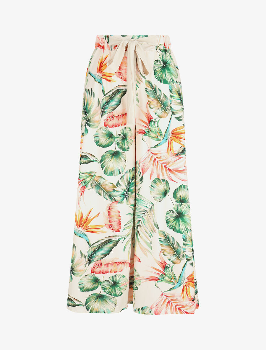 Pantalon ample taille haute motif tropical - Beige - 1