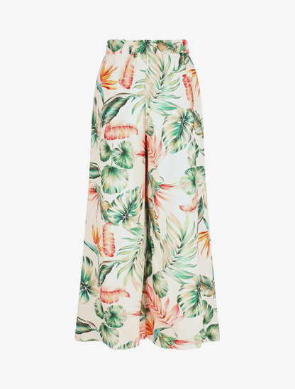 Pantalon ample taille haute motif tropical - Beige - 2