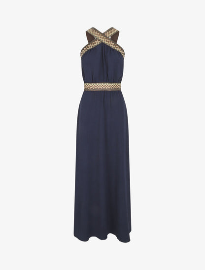 Robe longue unie col américain fantaisie - Marine - 1