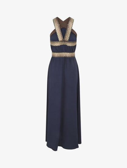 Robe longue unie col américain fantaisie - Marine - 2