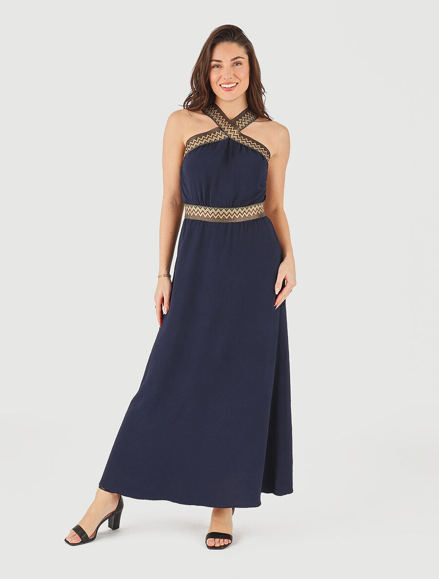 Robe longue unie col américain fantaisie - Marine - 4