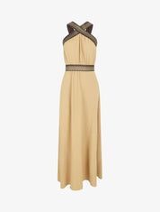 Robe longue unie col américain fantaisie - Beige - 1