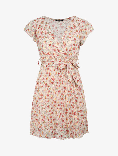 Robe empire courte imprimé roses irisées - Blanc - 5