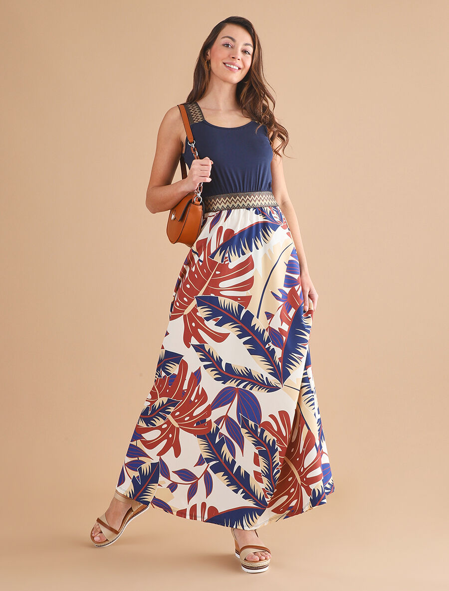 Robe longue à bretelles imprimé tropical - Marine - 4
