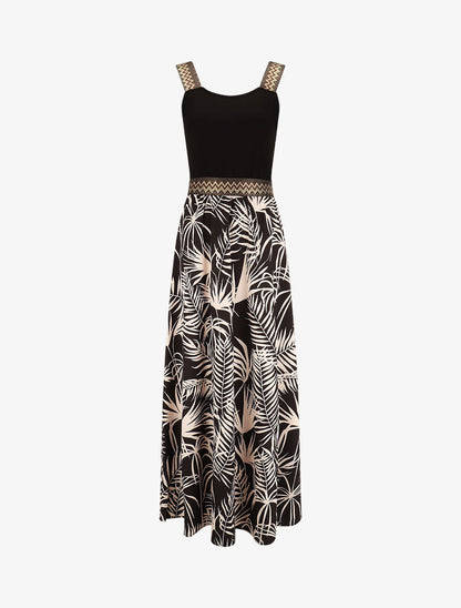 Robe longue à bretelles imprimé plantes tropicales - Noir - 5