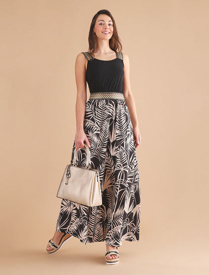 Robe longue à bretelles imprimé plantes tropicales - Noir - 4