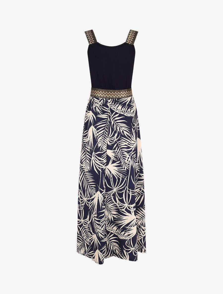 Robe longue à bretelles imprimé plantes tropicales - Marine - 2