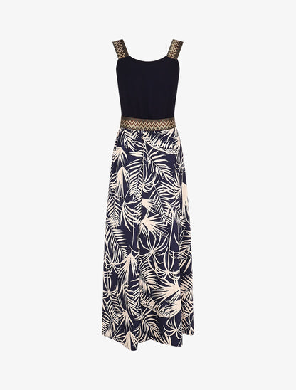 Robe longue à bretelles imprimé plantes tropicales - Marine - 2