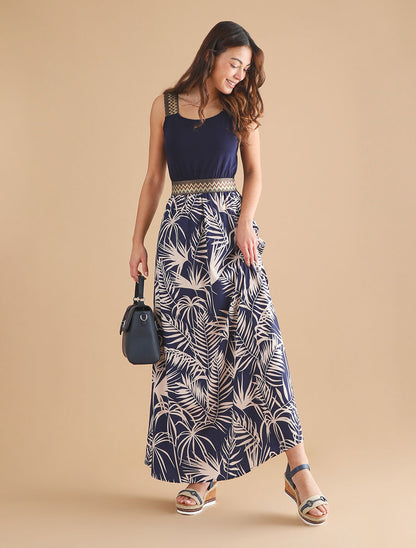 Robe longue à bretelles imprimé plantes tropicales - Marine - 4