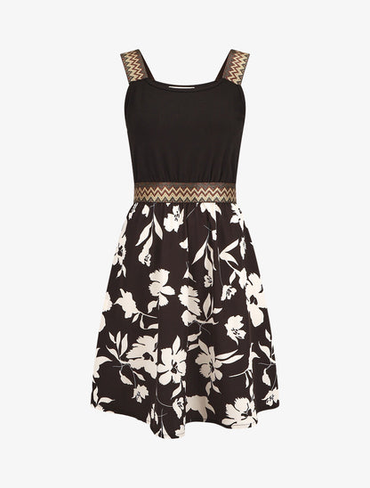Robe courte fleurie bretelles fantaisies - Noir - 1