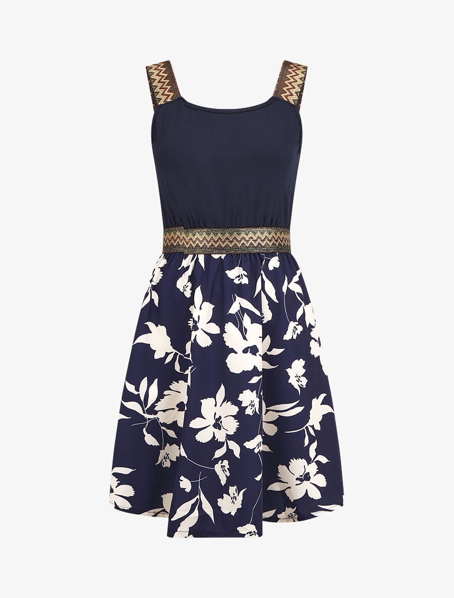 Robe courte fleurie bretelles fantaisies - Marine - 1