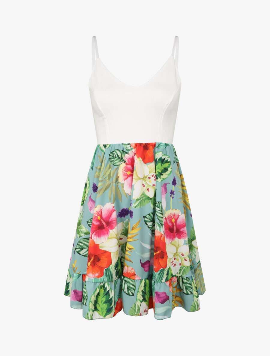 Robe patineuse courte imprimé hibiscus - Vert menthe - 1